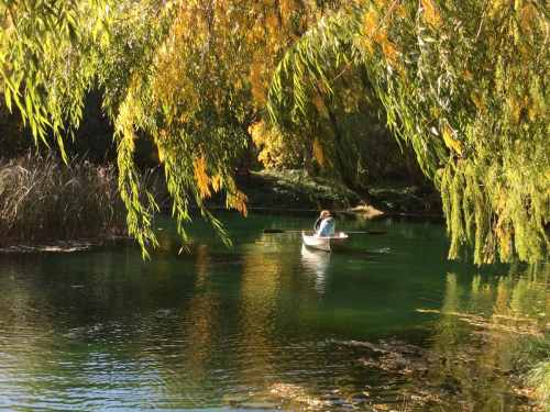 A person paddles a small boat on a serene green river, surrounded by lush trees and golden foliage.