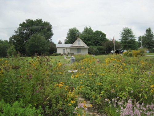 A quaint house surrounded by a vibrant wildflower garden under a cloudy sky.