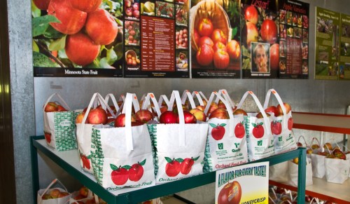 Bags of apples on a table, with informational posters about apple varieties in the background.