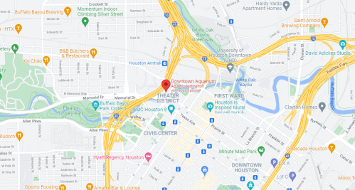 Map of downtown Houston, highlighting the Downtown Aquarium and nearby attractions with major roads and landmarks.