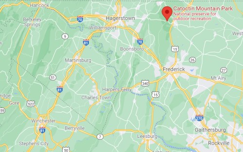 Map showing Catoctin Mountain Park, a national preserve for outdoor recreation, located near Hagerstown, Maryland.