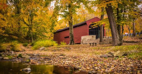 A red covered bridge surrounded by colorful autumn trees and a serene stream with fallen leaves.