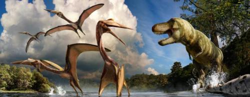 A prehistoric scene featuring a T. rex and flying pterosaurs against a backdrop of lush greenery and clouds.