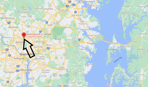 Map showing the Washington D.C. Temple location, marked with an arrow, near Washington, D.C. and surrounding areas.