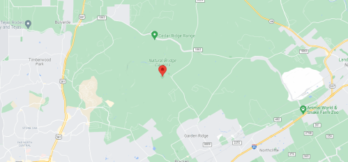 Map showing a green area with a red marker indicating a location near Natural Bridge, Virginia.