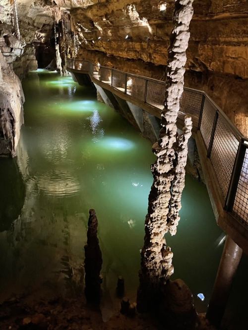 A dimly lit cave with a greenish water pool and a walkway, featuring rock formations and reflections on the water's surface.