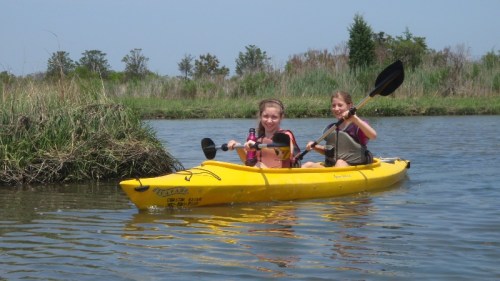 Two girls paddle a yellow kayak on calm water, surrounded by greenery and tall grass on a sunny day.