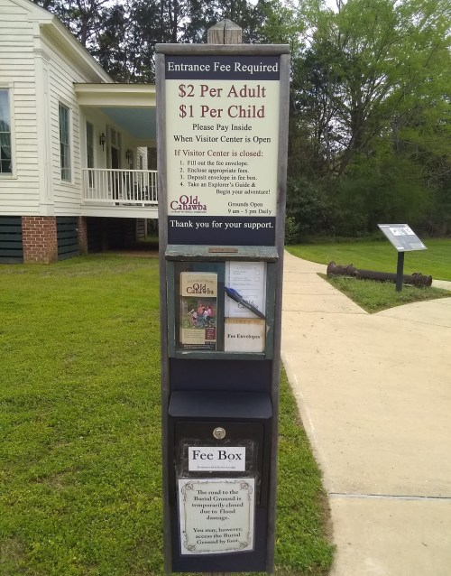 Sign displaying entrance fees: $2 per adult, $1 per child, with payment instructions and a fee box below.