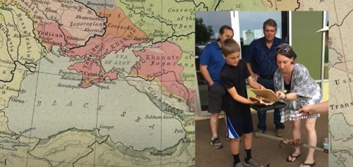 A historical map overlays a group of people examining an artifact outdoors.