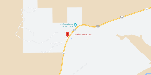Map showing the location of Cliff Dwellers Restaurant and Stone House along a highway.