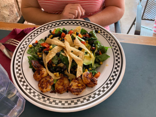 A colorful salad with shrimp, black beans, corn, and tortilla strips, served on a checkered plate.