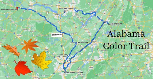 Map of the Alabama Color Trail with a route highlighted and autumn leaves in the corner.