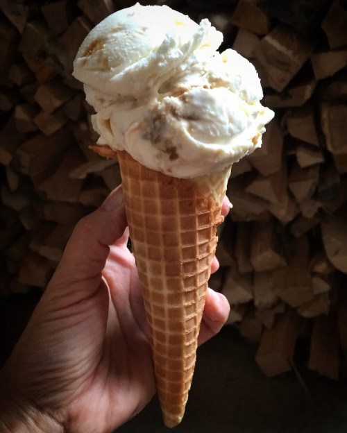 A hand holding a waffle cone filled with two scoops of creamy vanilla ice cream.