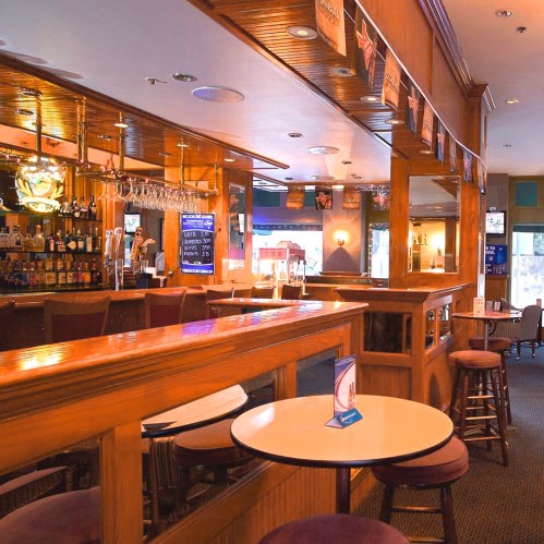 A cozy bar interior with wooden accents, a well-stocked bar, and tables set for patrons.