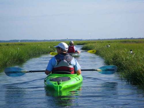 Two people kayaking through a narrow waterway surrounded by tall grass under a clear blue sky.