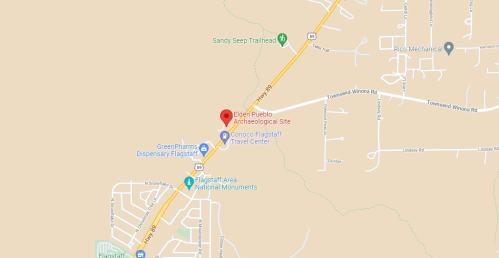 Map showing the location of the Elden Pueblo Archaeological Site near Flagstaff, Arizona, with nearby roads and landmarks.