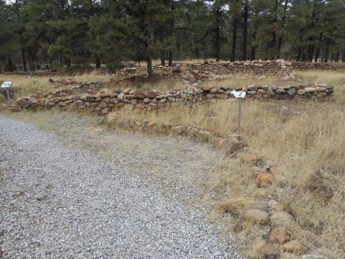 Stone ruins surrounded by tall grass and trees, with a gravel path leading through the site.
