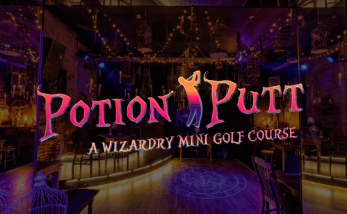 Colorful logo of "Potion Putt," a wizard-themed mini golf course, set in a whimsical, dimly lit venue.