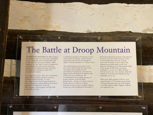Sign detailing the Battle at Droop Mountain, including historical context and key figures involved in the conflict.