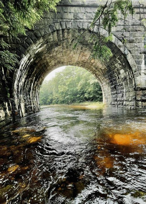 A stone arch bridge over a calm river, surrounded by lush green trees and a serene atmosphere.