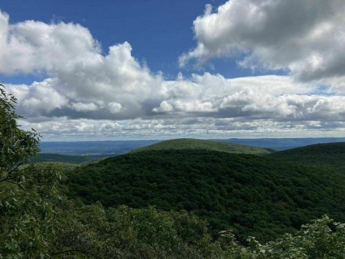 Lush green hills under a blue sky with fluffy white clouds, showcasing a serene natural landscape.