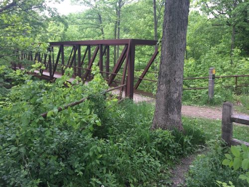 A metal bridge spans a lush green area, surrounded by trees and dense foliage, with a dirt path nearby.