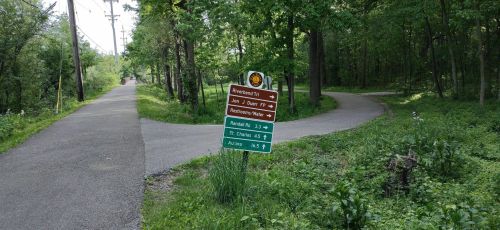 A fork in a wooded path with a signpost indicating directions and distances to various trails.