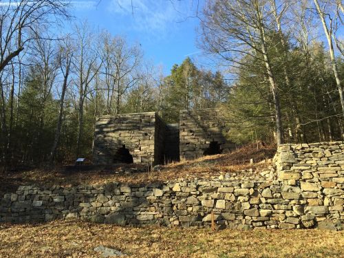 Two stone structures nestled among trees, with a stone wall in the foreground and a clear blue sky above.