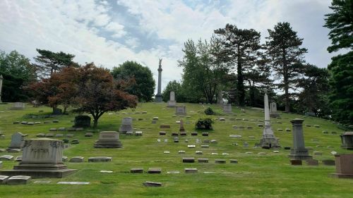 A serene cemetery landscape with gravestones on a grassy hill, surrounded by trees and a cloudy sky.