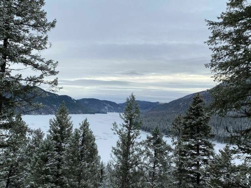 Snow-covered lake surrounded by evergreen trees and mountains under a cloudy sky.