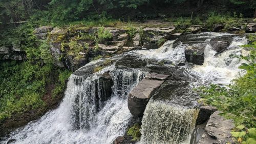 A cascading waterfall flows over rocky ledges, surrounded by lush greenery and trees.