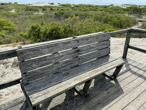 A weathered wooden bench on a deck overlooking a sandy landscape with greenery in the background.
