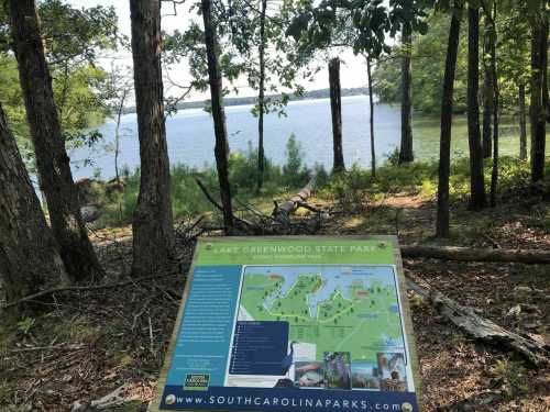 A sign at Lake Greenwood State Park displays a map, with trees and a lake visible in the background.