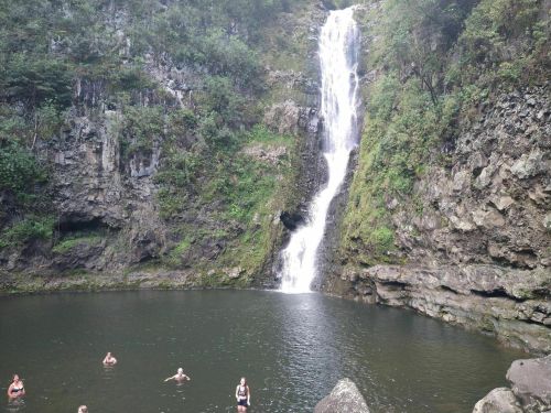 A serene waterfall cascades into a natural pool, with people swimming nearby surrounded by lush greenery.