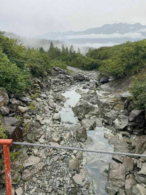 A rocky stream flows through a lush, green landscape under a cloudy sky, with mountains in the background.