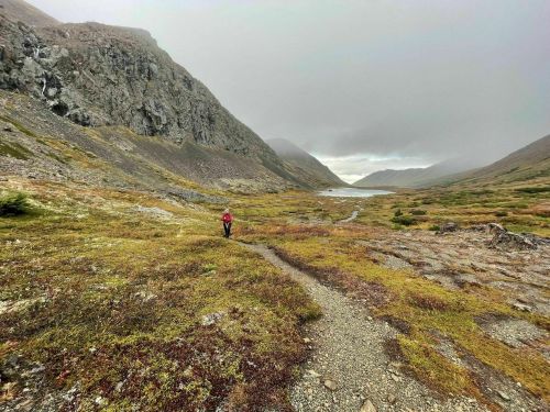 A hiker walks along a winding trail in a mountainous landscape with lush greenery and a lake in the distance.