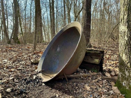 A large, rusted metal bowl rests on its side among fallen leaves and trees in a wooded area.