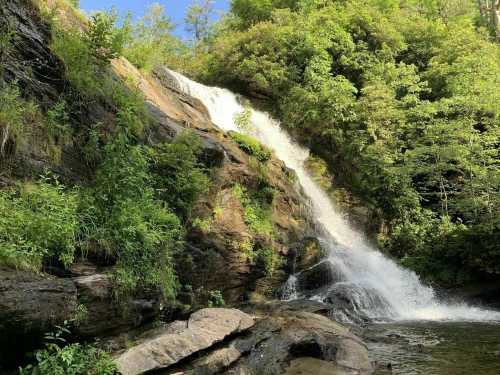 A serene waterfall cascading over rocky terrain, surrounded by lush green foliage and trees under a clear blue sky.