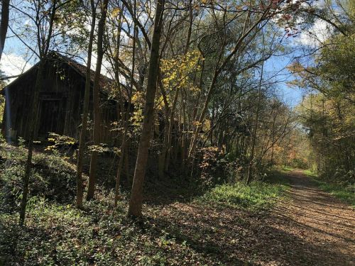 A rustic wooden barn nestled among trees along a dirt path, with autumn foliage and a clear blue sky.