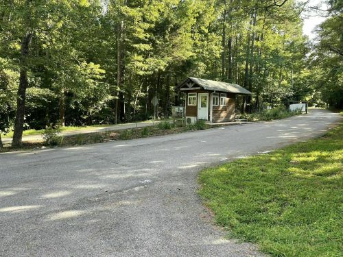A small wooden cabin sits by a winding road, surrounded by lush green trees and grass.