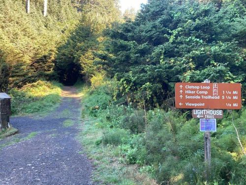 A trail signpost with directions to various hiking destinations in a forested area.