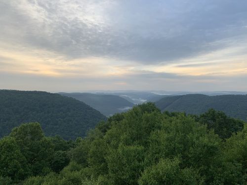 A scenic view of rolling green hills under a cloudy sky, with mist rising in the valleys below.