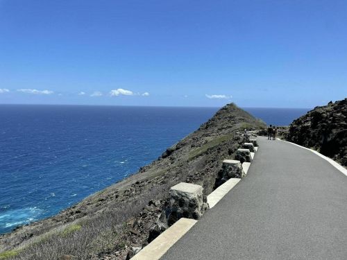 A winding road along a rocky coastline, leading to a distant peak with the ocean stretching out below.
