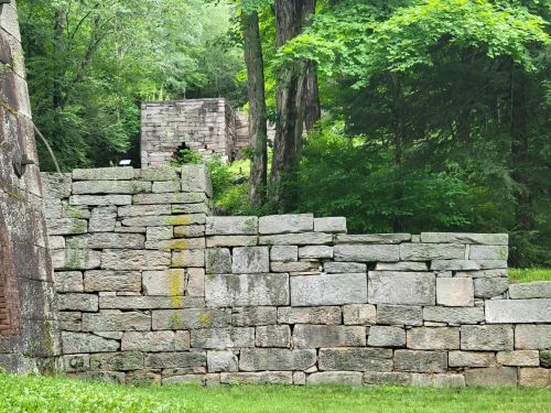 Stone ruins surrounded by lush greenery, with additional stone structures visible in the background.