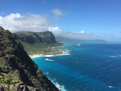 A scenic coastal view featuring lush green mountains, turquoise waters, and a clear blue sky.