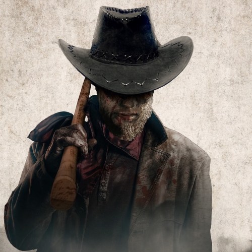 A rugged figure in a cowboy hat holds a wooden bat, wearing a tattered coat against a textured background.