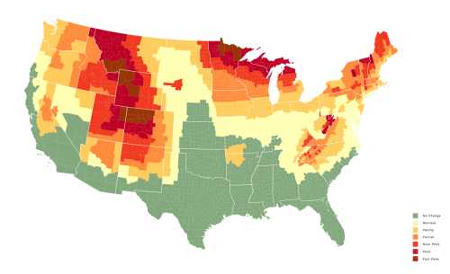 Map of the U.S. showing areas of tree species change, with color-coded regions indicating varying levels of impact.