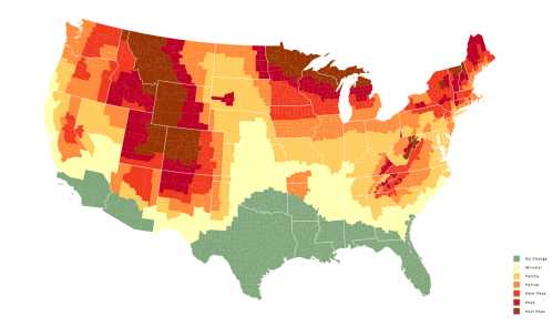 Map of the U.S. showing seasonal color change in foliage, with regions color-coded from green to red based on peak times.