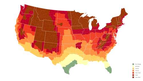 A color-coded map of the U.S. showing varying levels of a specific metric across different regions.