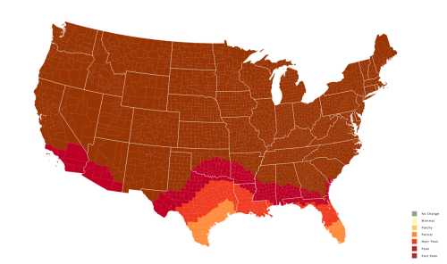 Map of the United States showing varying levels of a phenomenon, with color gradients from green to dark red.